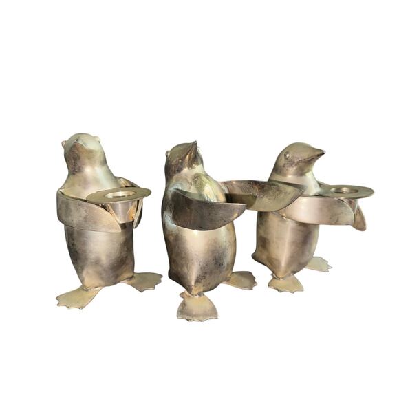 Set Of 3 Restoration Hardware Metal Silver Tone Penguin Candle Holder Figurines - Picture 6 of 6